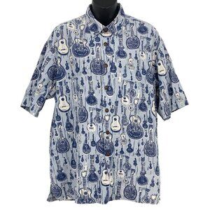 Kahala Hawaiian Size Large Blue Ukulele Aloha Button Up Collar Short Sleeve New